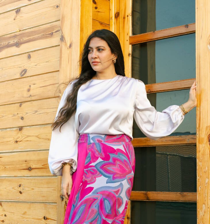 Satin Base Skirt with Printed Wrap Overlay - Image 2
