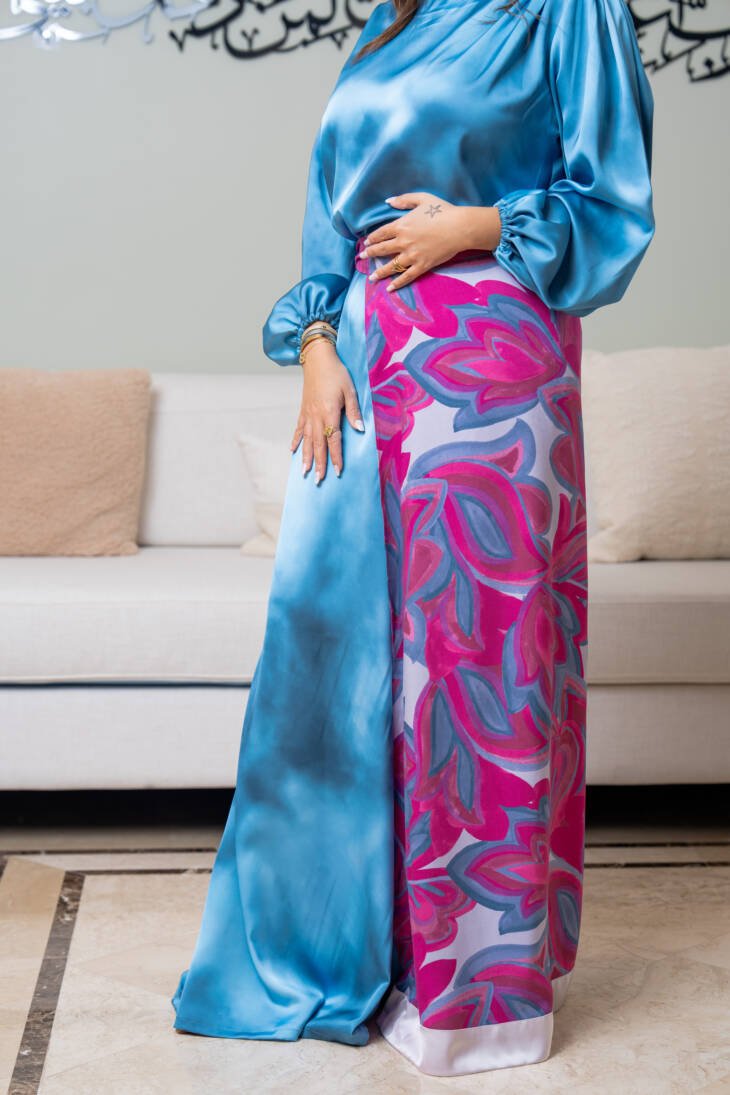 Wavy satin trouser with printed skirt overlay