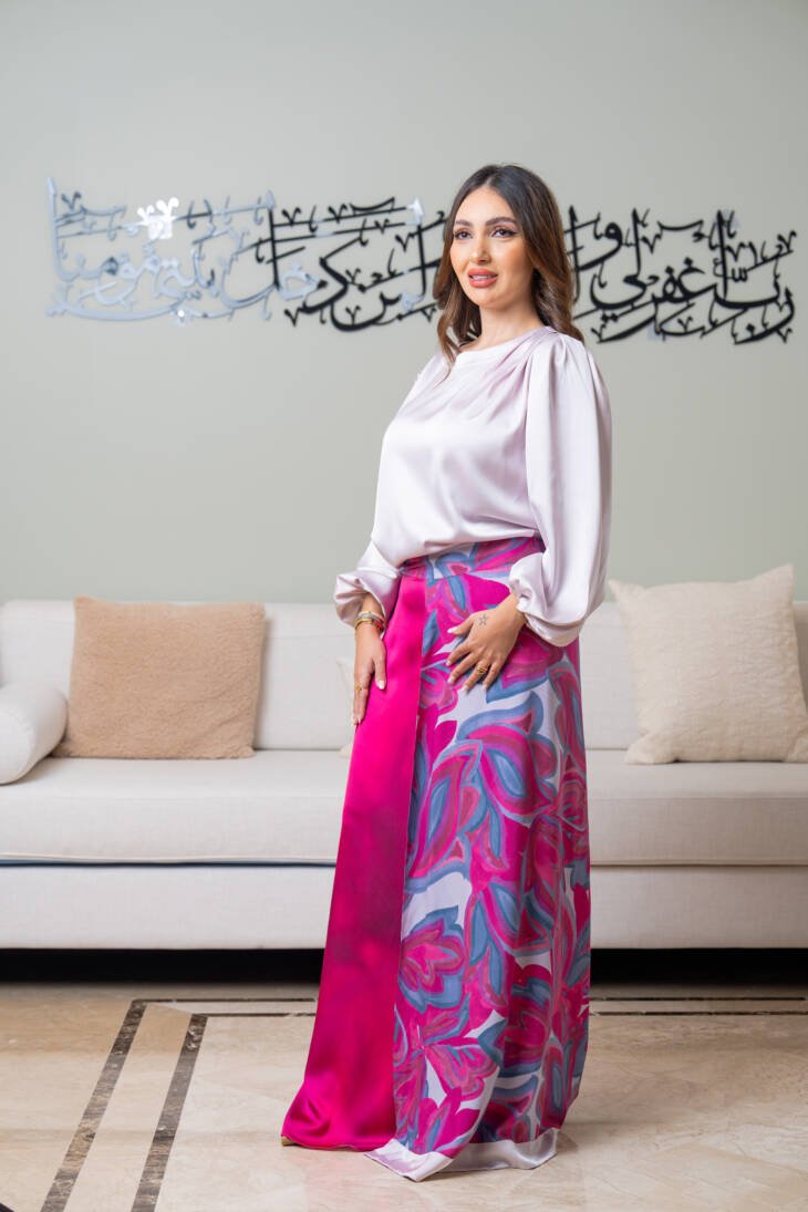 Satin Base Skirt with Printed Wrap Overlay